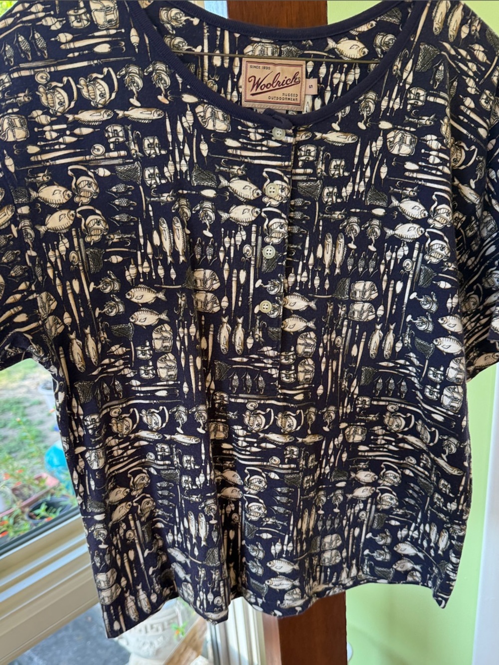 Woolrich Navy Short-Sleeve Henley with White Fishing Lure Print
